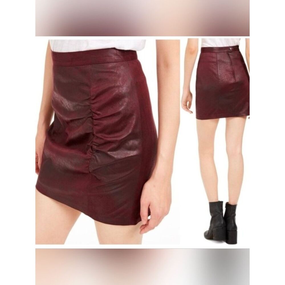 Free People Burgundy Faux Leather Ruched Mini Skirt Small